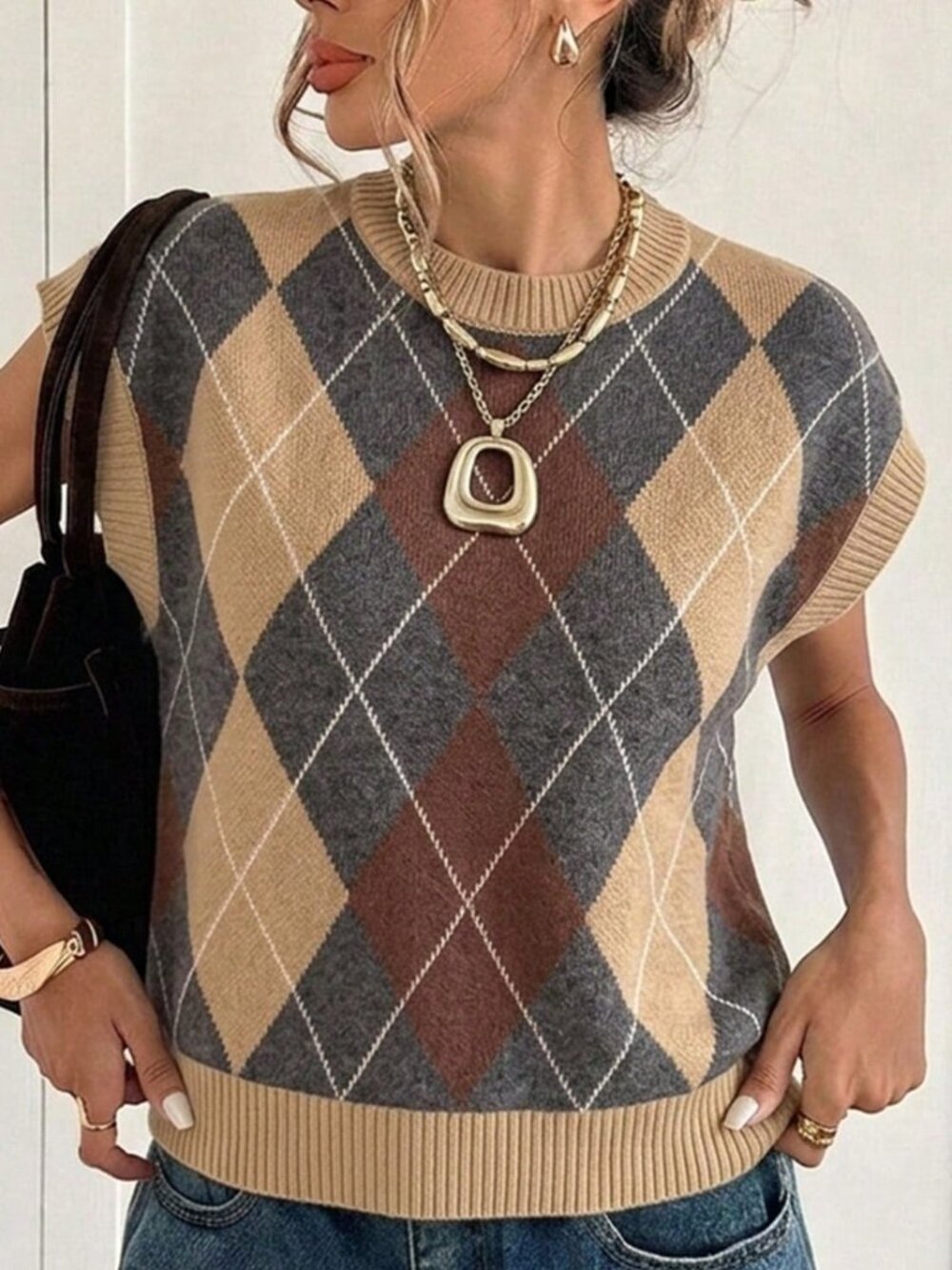 Multicolor Casual Women's Striped Argyle Jacquard Knit Top - Picture 4 of 5